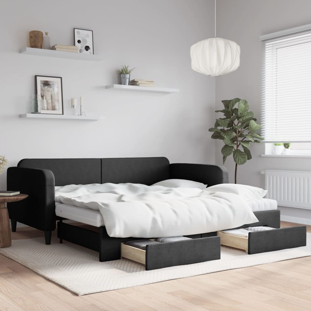fekete kihúzható szövet heverő fiókokkal 100 x 200 cm