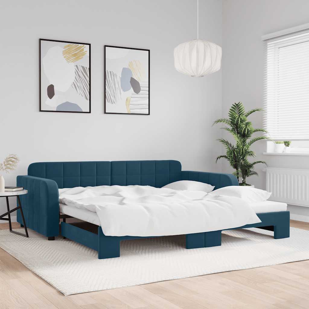 kék kihúzható bársony heverő 100 x 200 cm