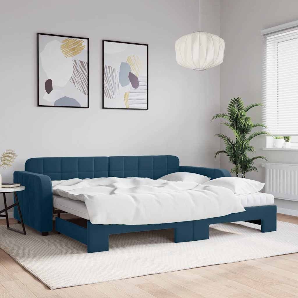 kék kihúzható bársony heverő matraccal 90 x 200 cm
