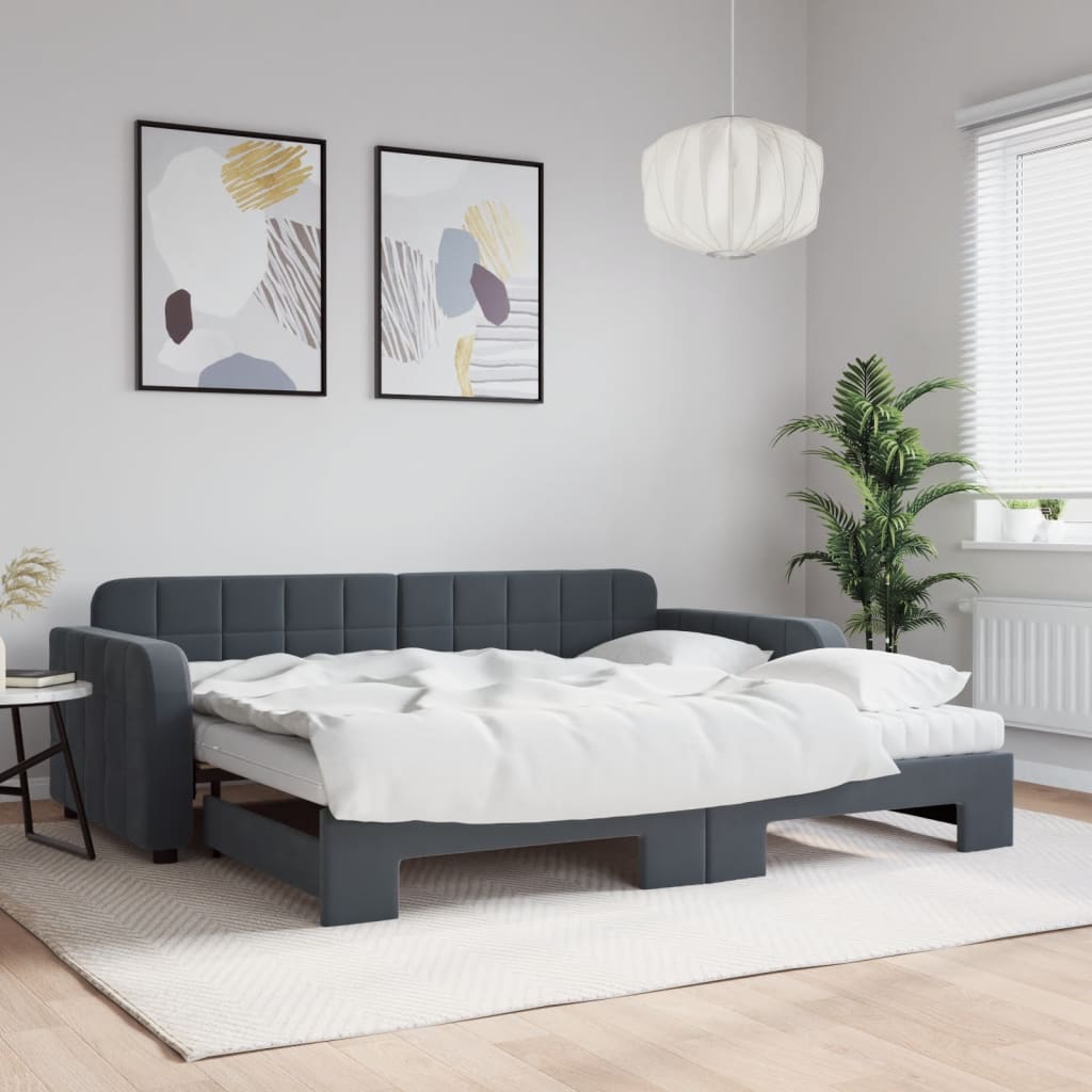 sötétszürke kihúzható bársony heverő matraccal 90 x 200 cm