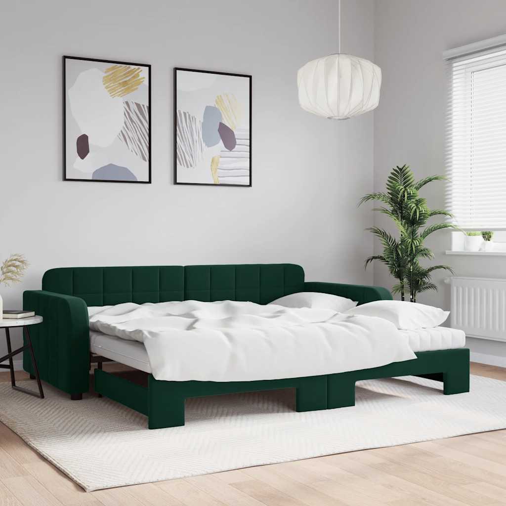 sötétzöld kihúzható bársony heverő matraccal 90 x 200 cm