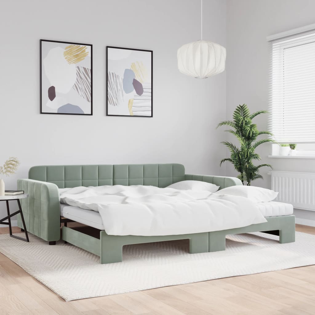 világosszürke kihúzható bársony heverő matraccal 100 x 200 cm