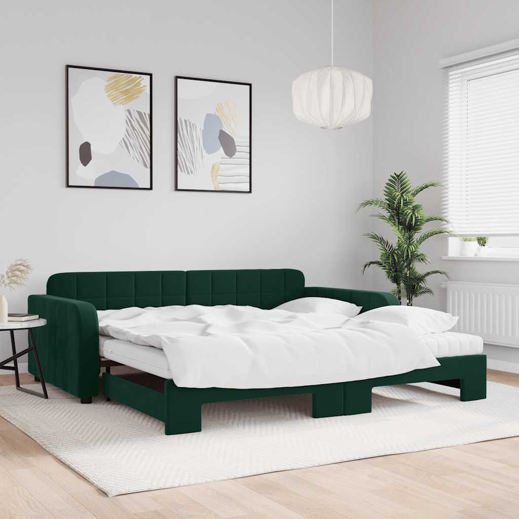 sötétzöld kihúzható bársony heverő matraccal 100 x 200 cm
