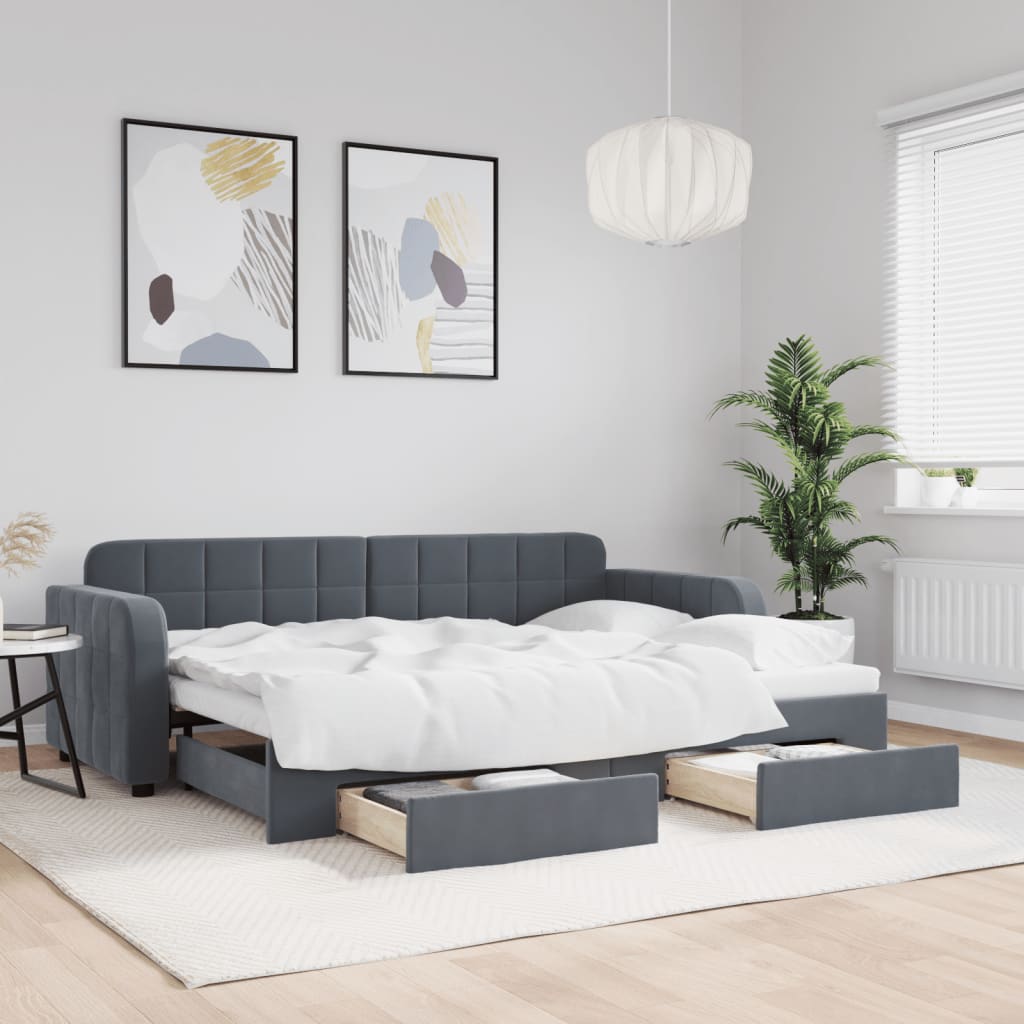 sötétszürke kihúzható bársony heverő fiókkal 80 x 200 cm