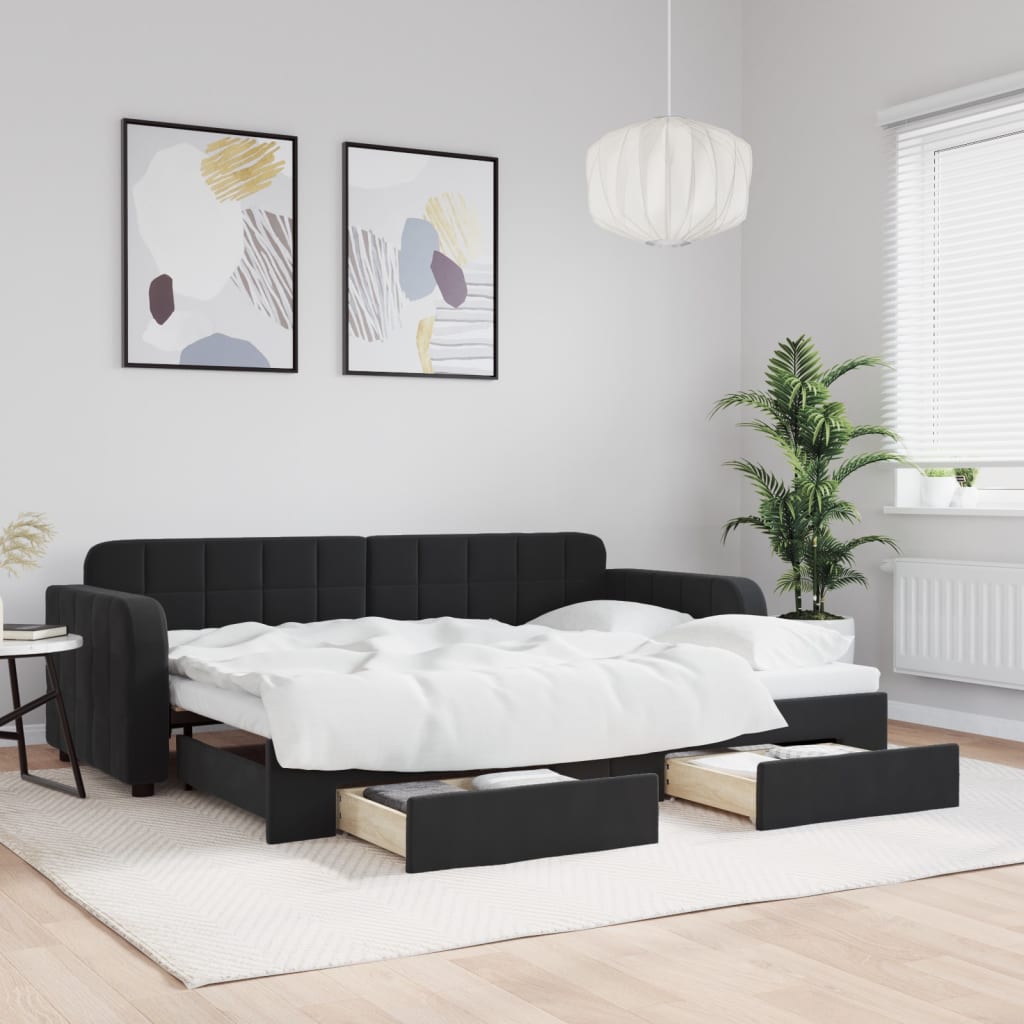 fekete kihúzható bársony heverő fiókkal 80 x 200 cm