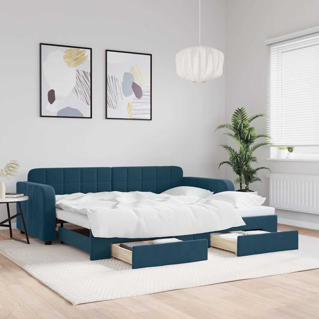kék kihúzható bársony heverő fiókkal 90 x 200 cm