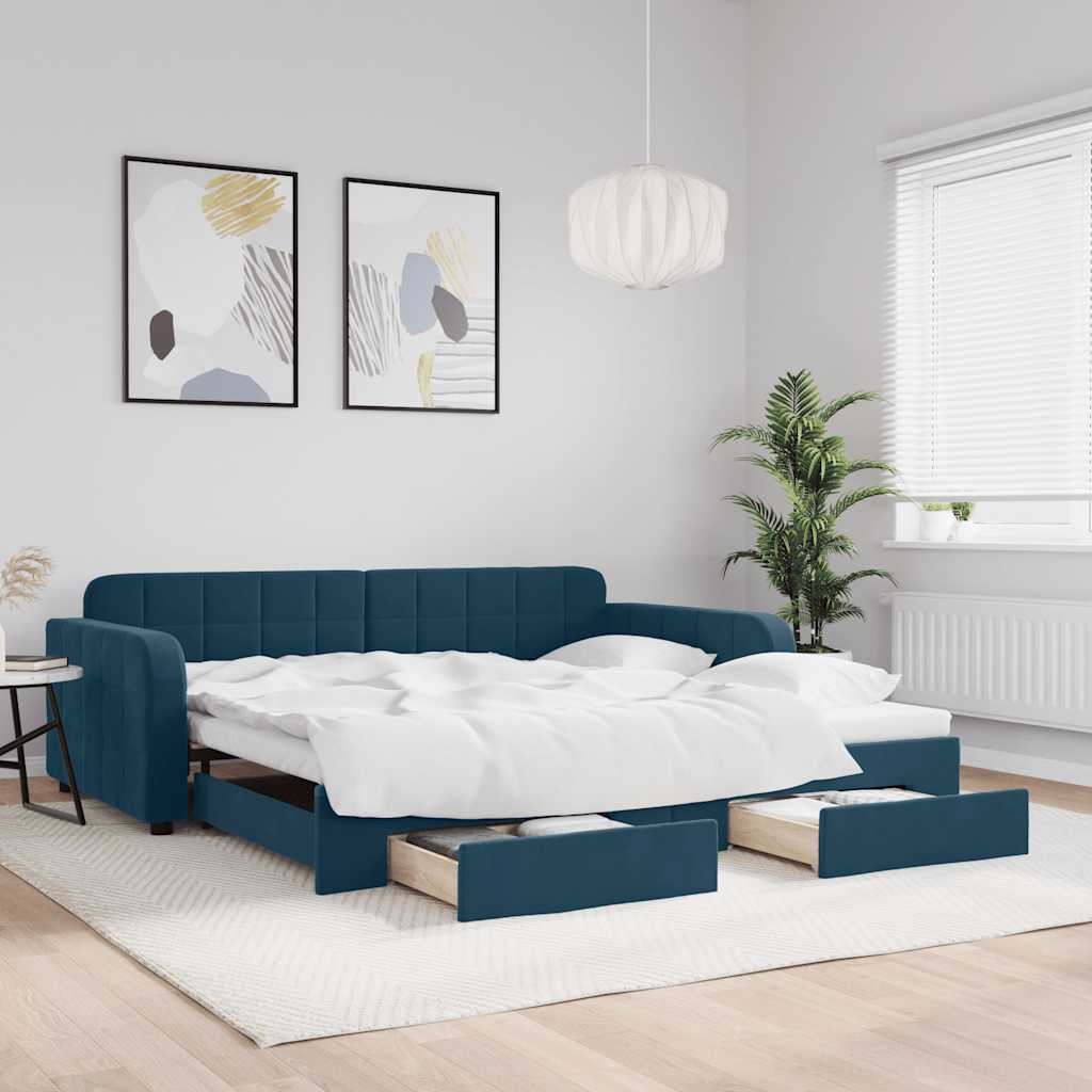 kék kihúzható bársony heverő fiókkal 100 x 200 cm