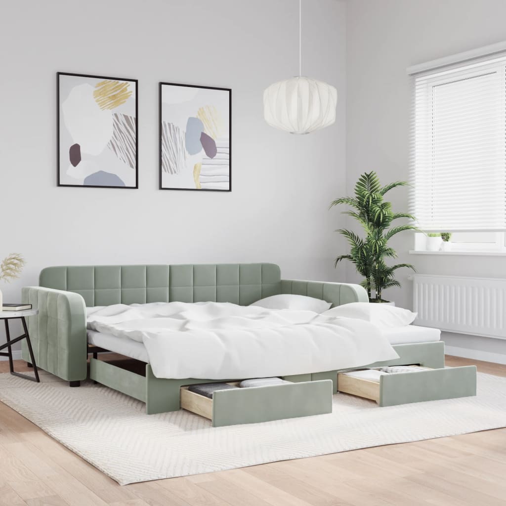 világosszürke kihúzható bársony heverő fiókkal 100 x 200 cm