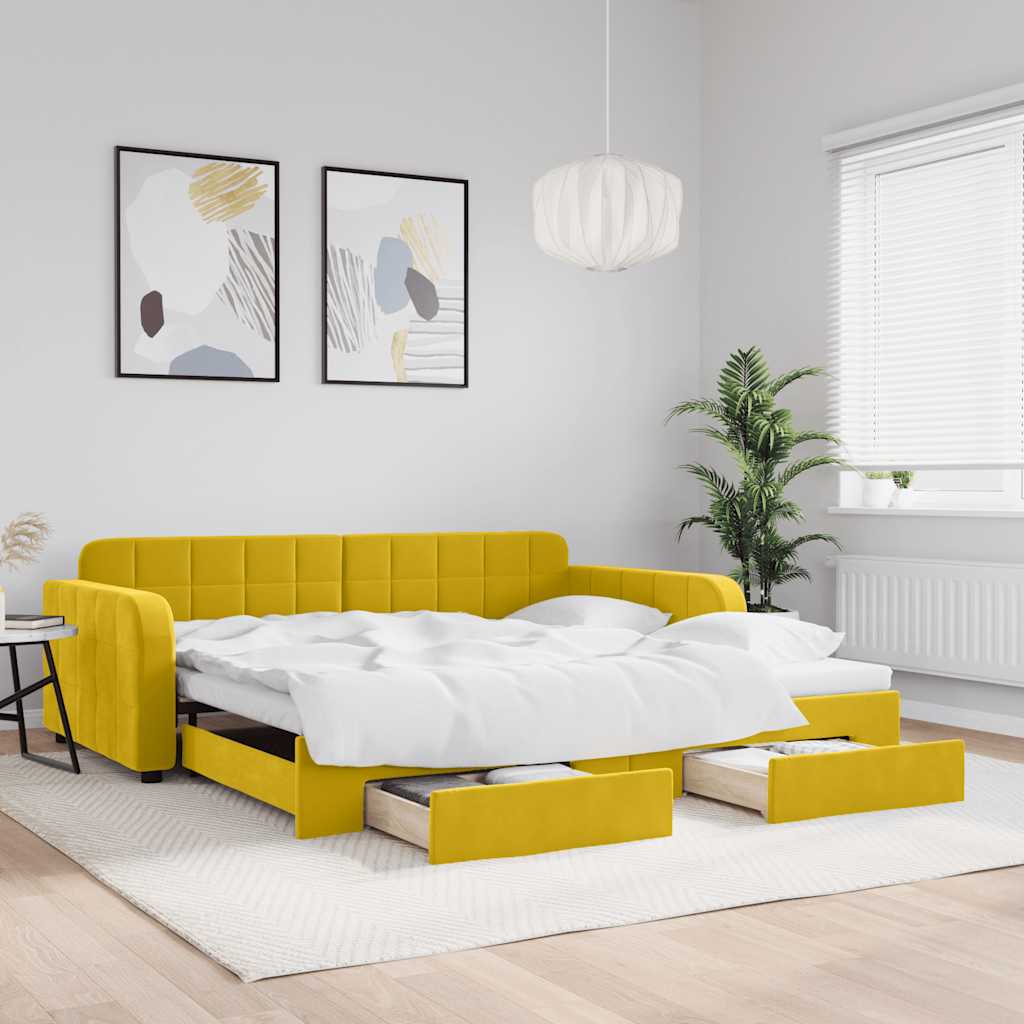 sárga kihúzható bársony heverő fiókkal 100 x 200 cm