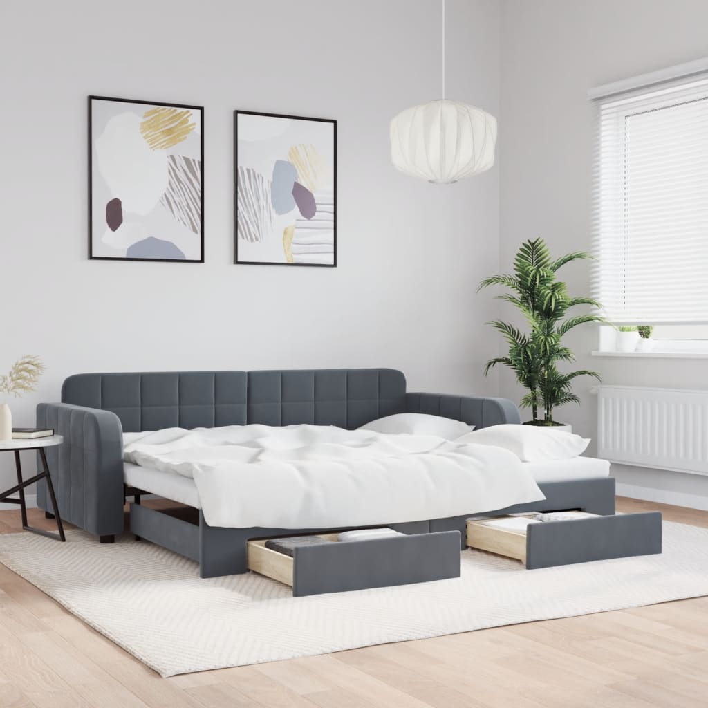 sötétszürke kihúzható bársony heverő fiókkal 90 x 190 cm