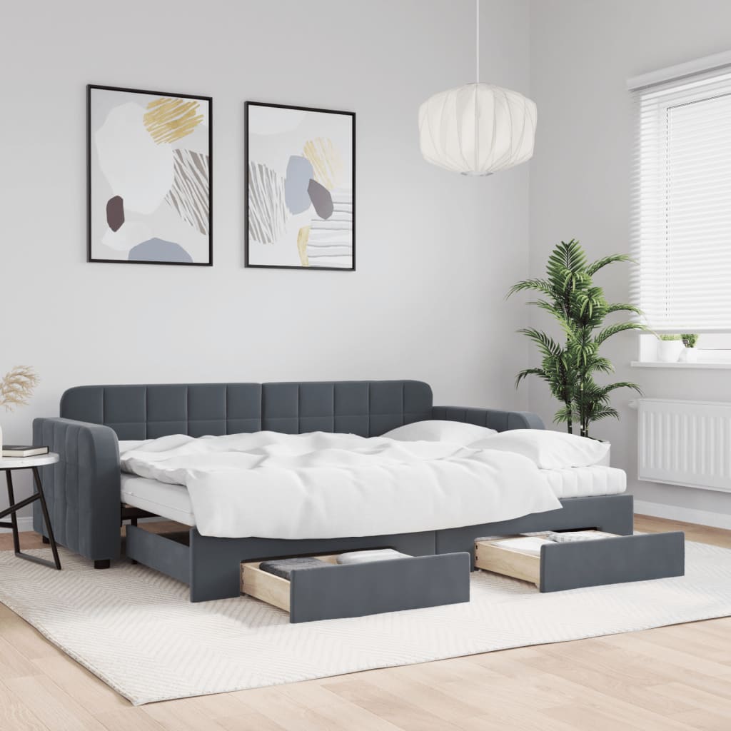 sötétszürke kihúzható bársony heverő fiókkal 80 x 200 cm