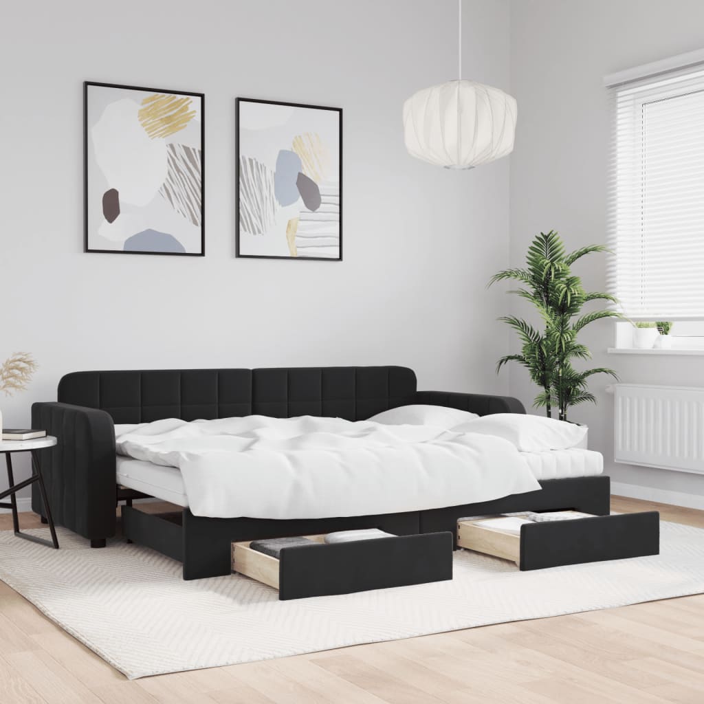 fekete kihúzható bársony heverő fiókkal 80 x 200 cm