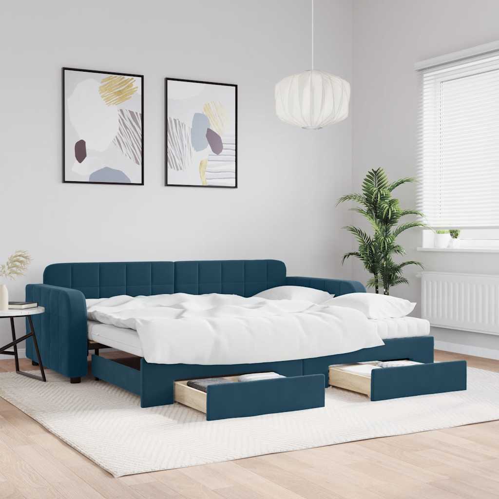 kék kihúzható bársony heverő fiókkal 90 x 200 cm
