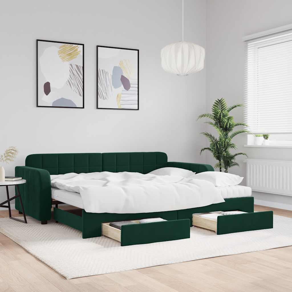 sötétzöld kihúzható bársony heverő fiókkal 90 x 200 cm