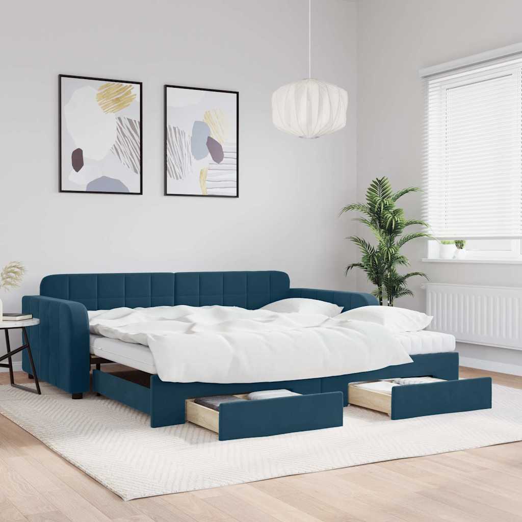 kék kihúzható bársony heverő fiókkal 100 x 200 cm