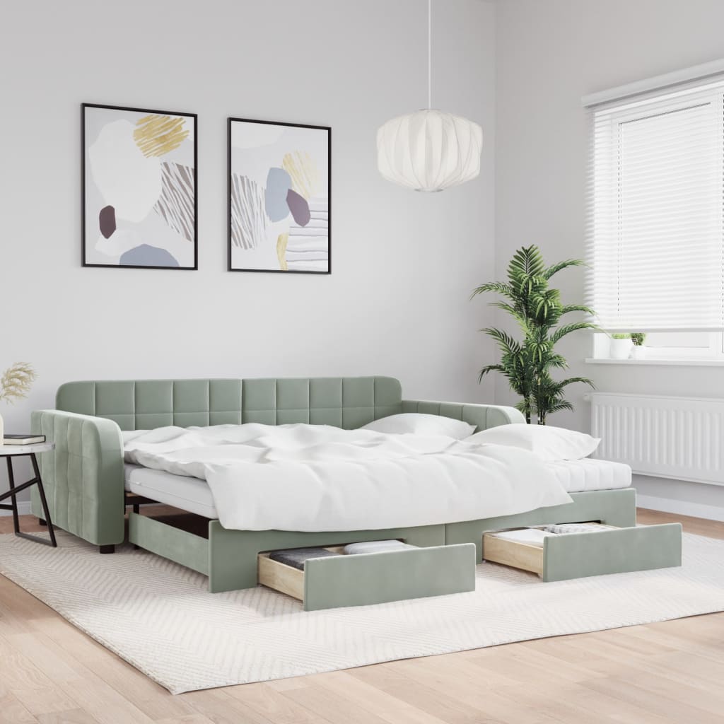 világosszürke kihúzható bársony heverő fiókkal 100 x 200 cm