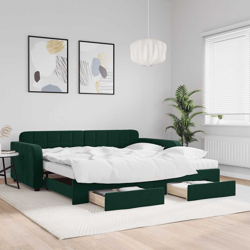 sötétzöld kihúzható bársony heverő fiókkal 100 x 200 cm