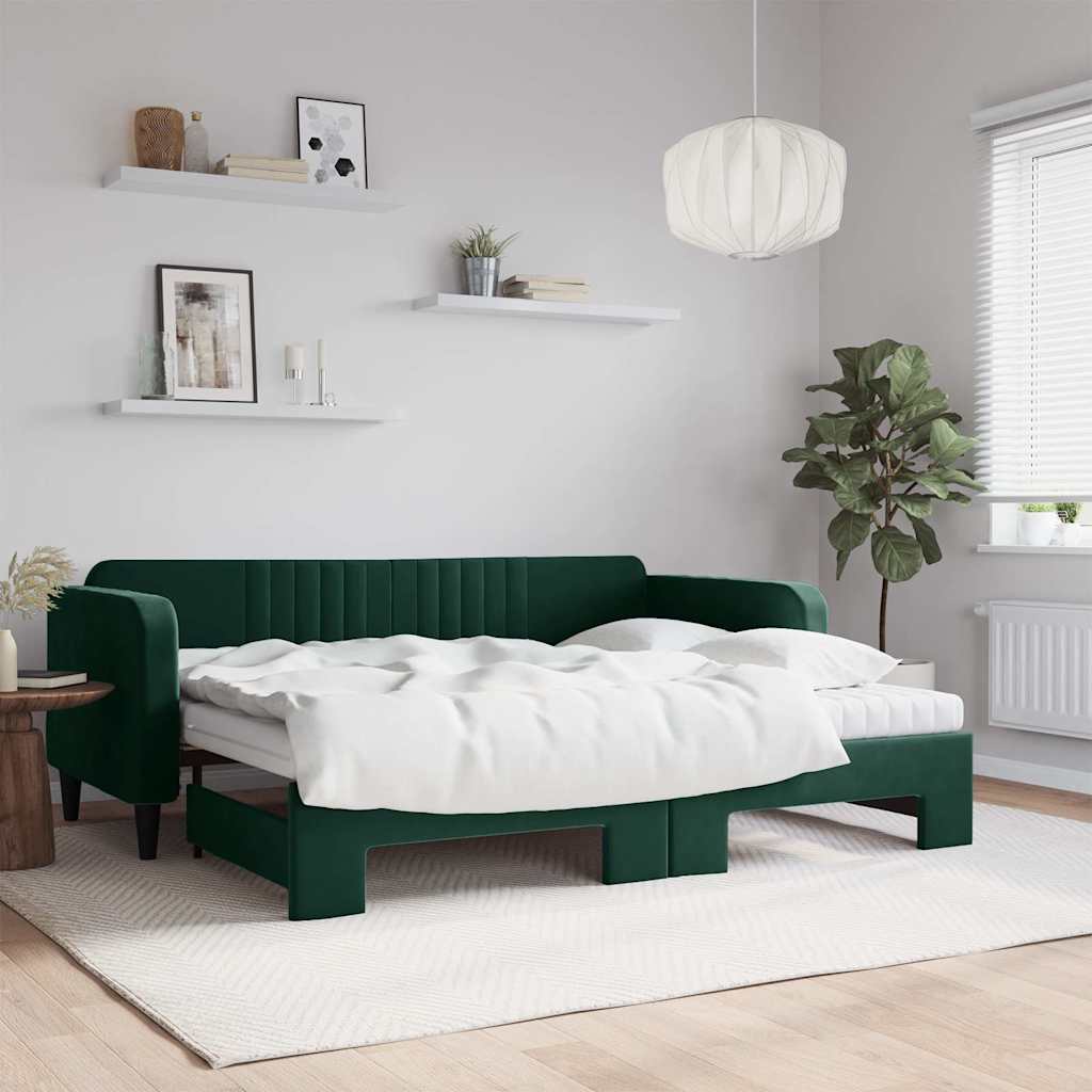 sötétzöld kihúzható bársony heverő matraccal 90 x 200 cm