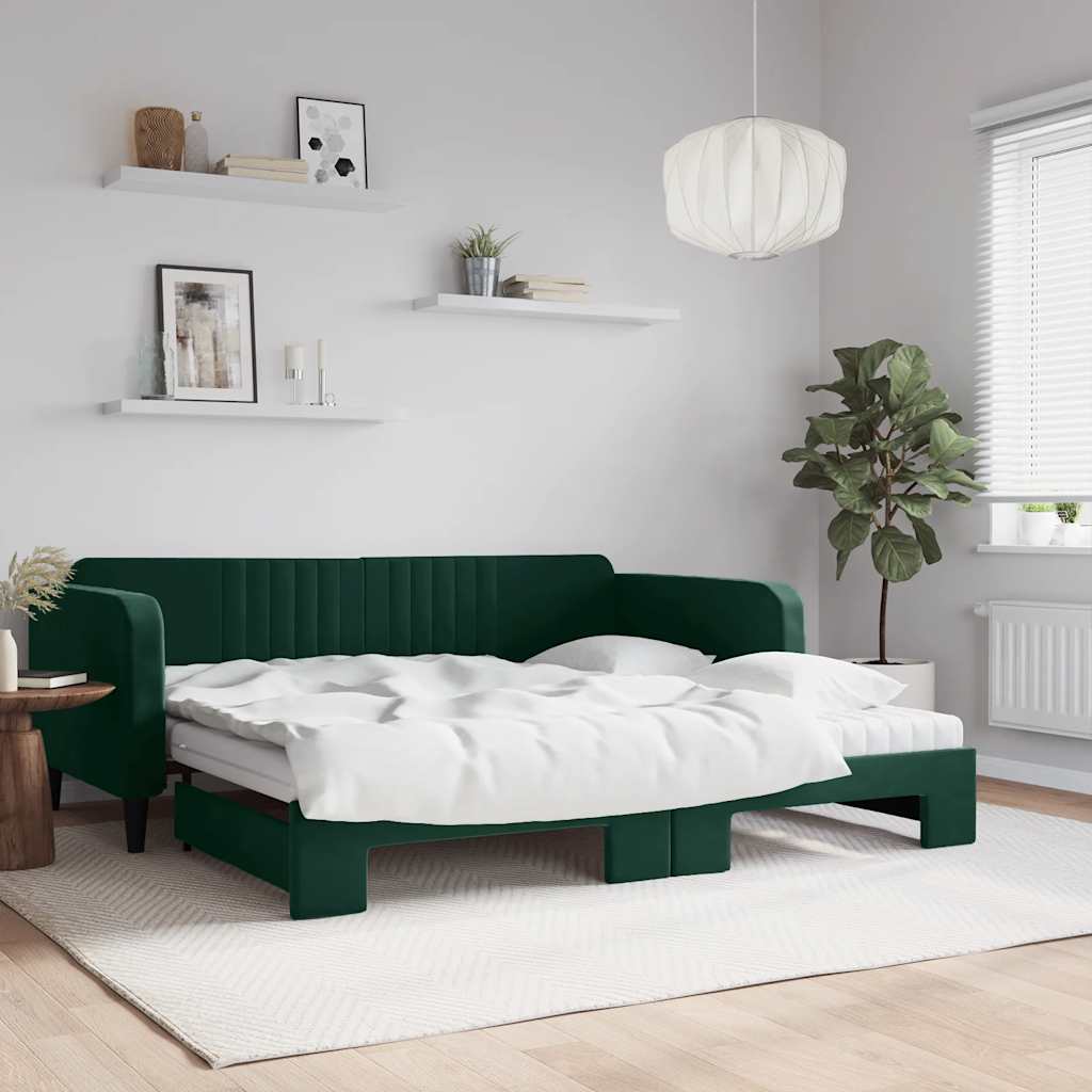 sötétzöld kihúzható bársony heverő matraccal 100 x 200 cm
