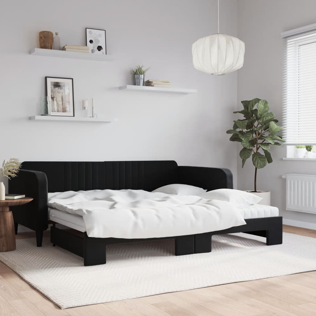 fekete kihúzható bársony heverő matraccal 100 x 200 cm