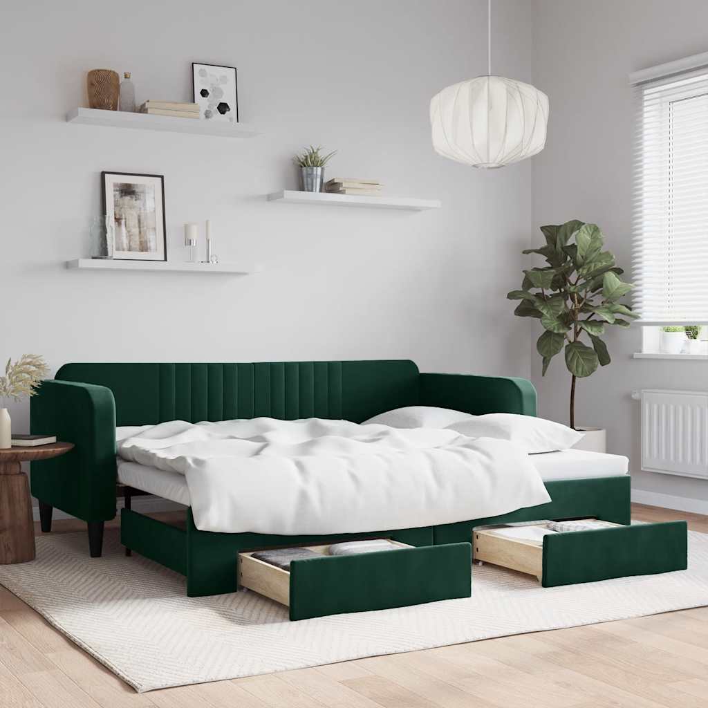 sötétzöld kihúzható bársony heverő fiókkal 90 x 200 cm