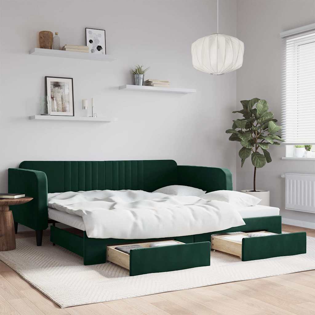 sötétzöld kihúzható bársony heverő fiókkal 100 x 200 cm