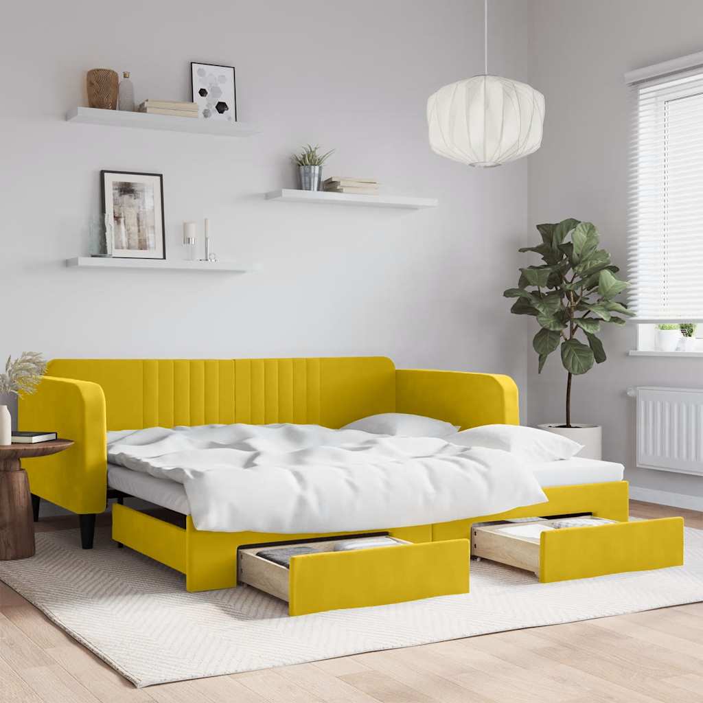 sárga kihúzható bársony heverő fiókkal 100 x 200 cm