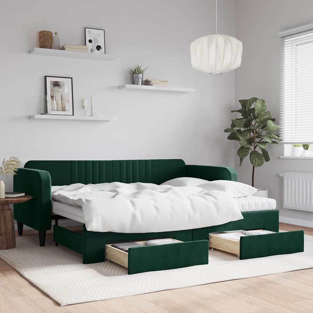 sötétzöld kihúzható bársony heverő fiókkal 90 x 200 cm