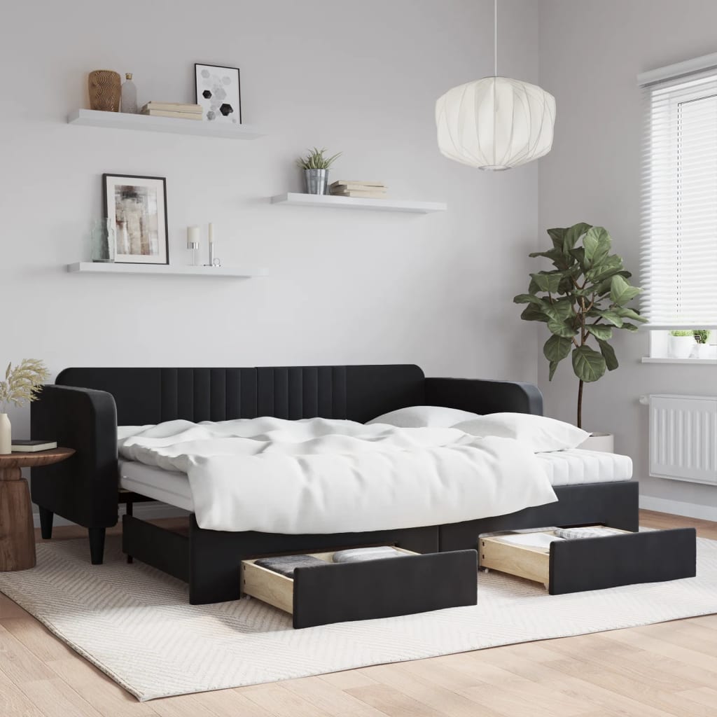 fekete kihúzható bársony heverő fiókkal 90 x 200 cm