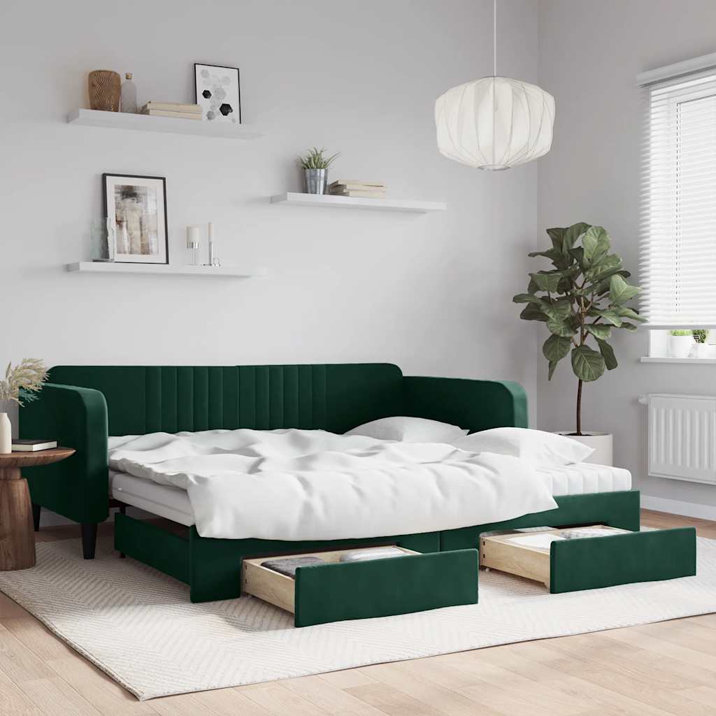 sötétzöld kihúzható bársony heverő fiókkal 100 x 200 cm
