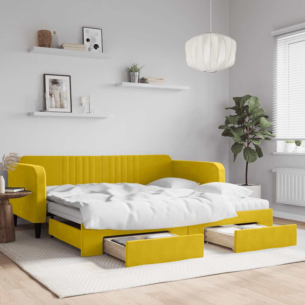 sárga kihúzható bársony heverő fiókkal 100 x 200 cm