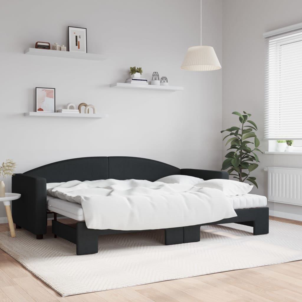 fekete kihúzható szövet heverő matracokkal 80 x 200 cm