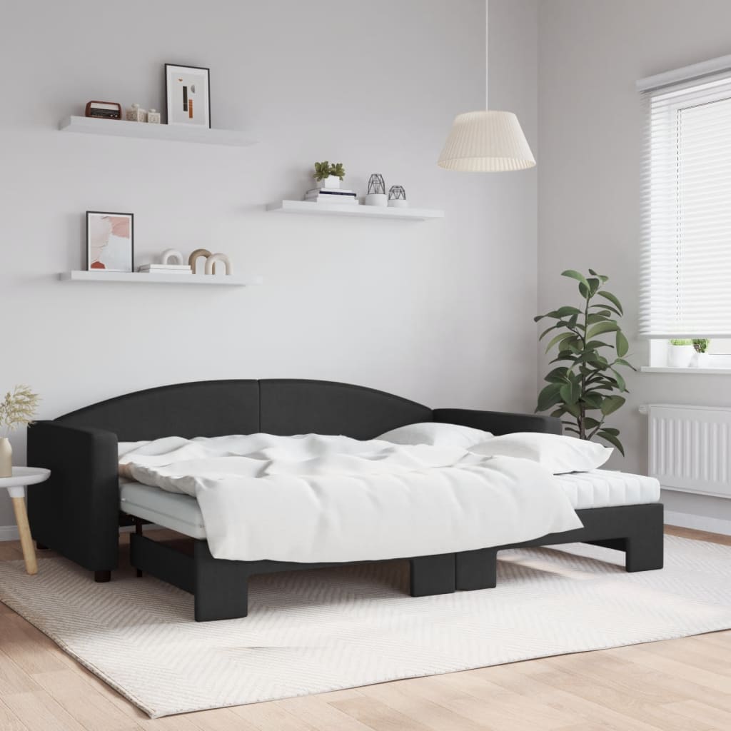 fekete kihúzható szövet heverő matracokkal 90 x 200 cm