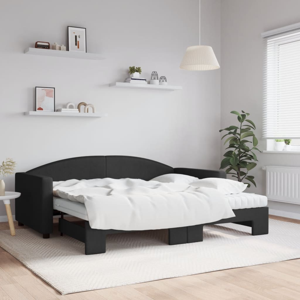 fekete kihúzható szövet heverő matracokkal 90 x 190 cm