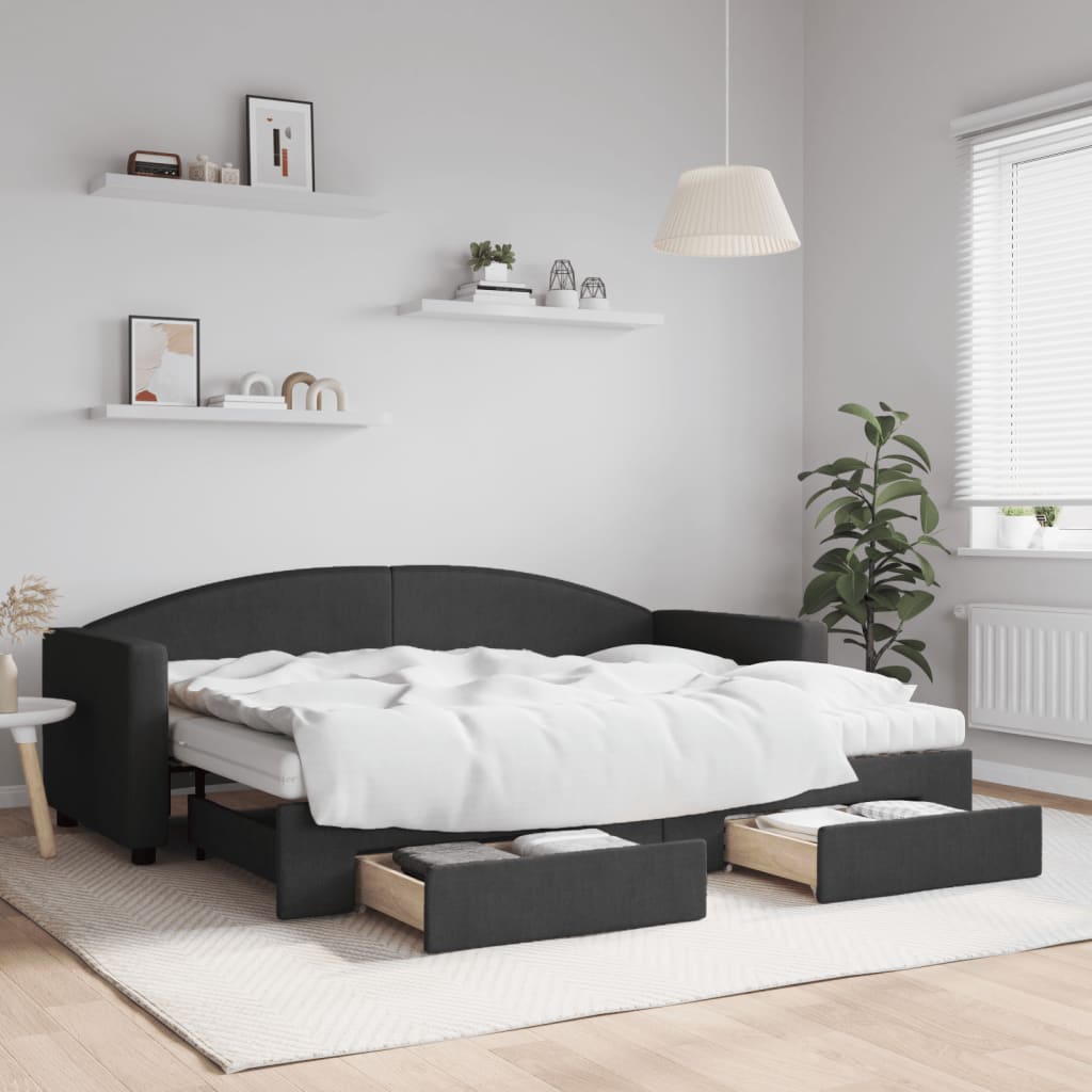 fekete kihúzható szövet heverő fiókokkal 80 x 200 cm