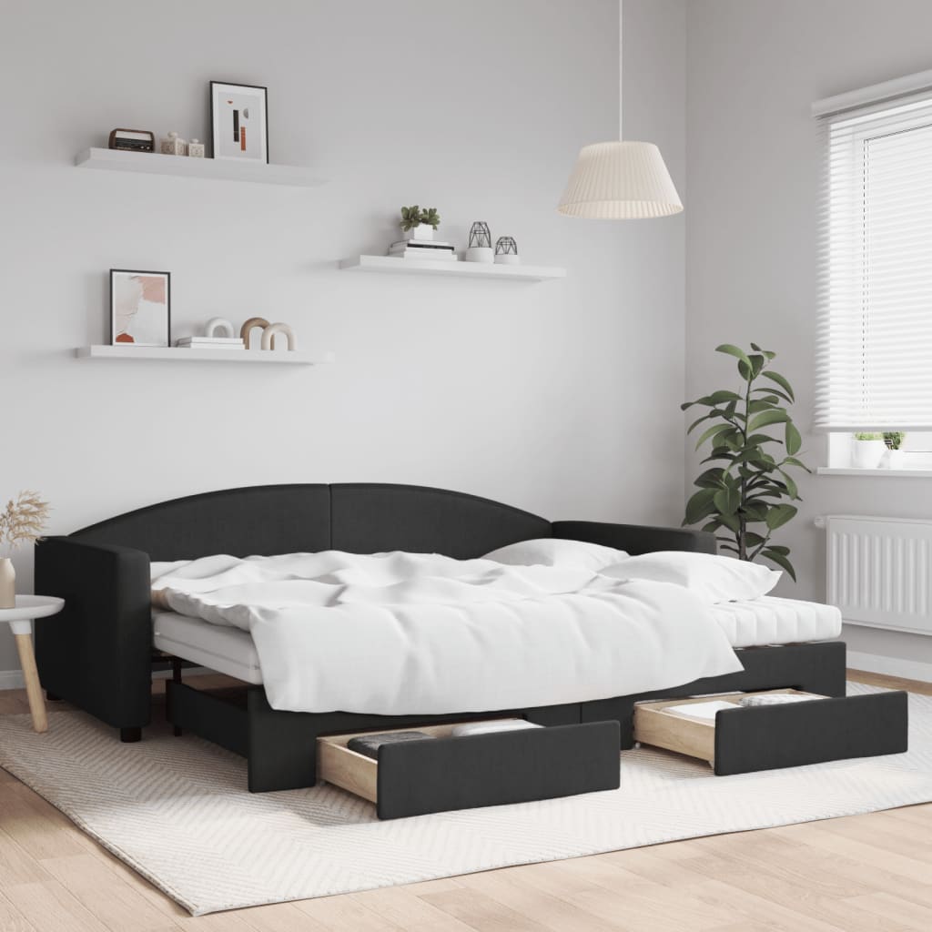 fekete kihúzható szövet heverő fiókokkal 90 x 200 cm
