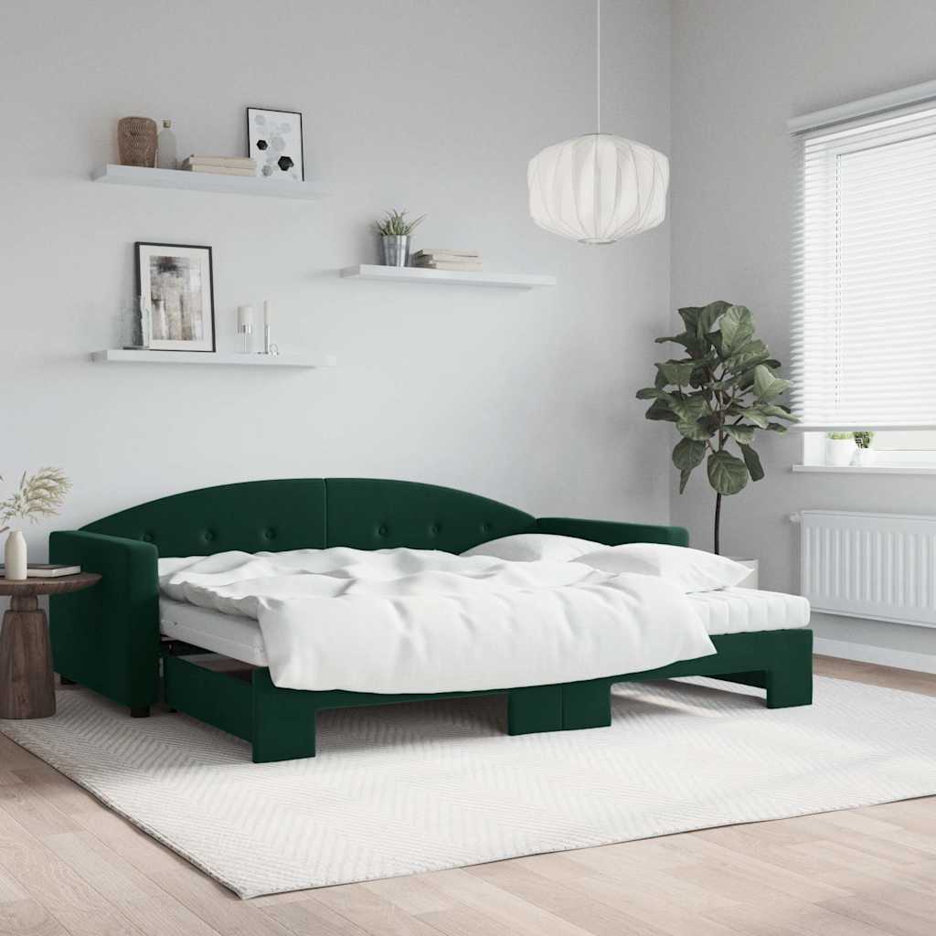 sötétzöld kihúzható bársony heverő matraccal 90 x 200 cm