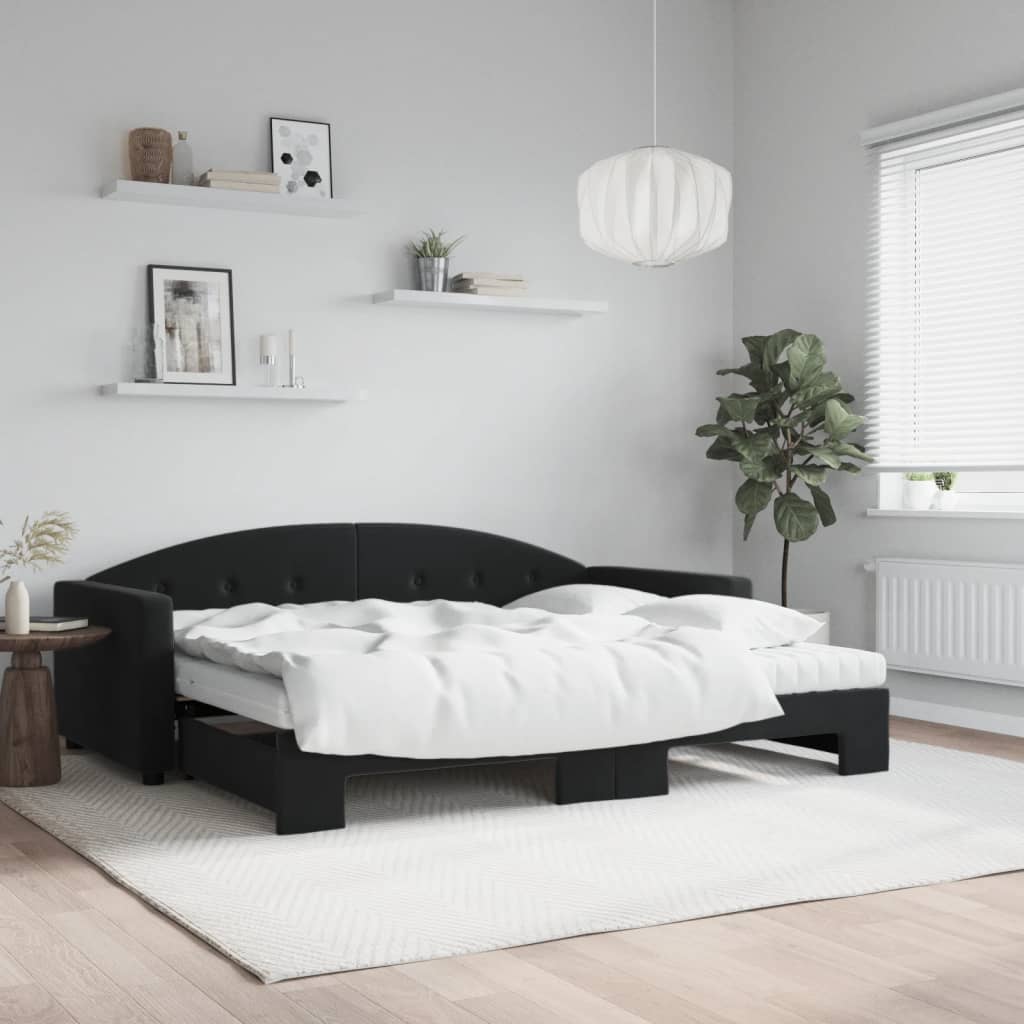 fekete kihúzható bársony heverő matracokkal 90 x 190 cm