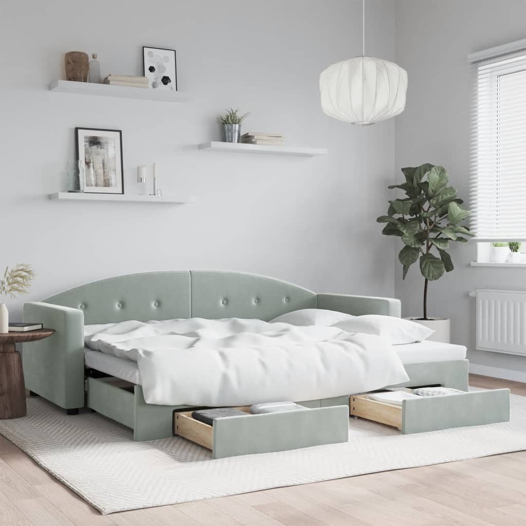 világosszürke kihúzható bársony heverő fiókkal 80 x 200 cm