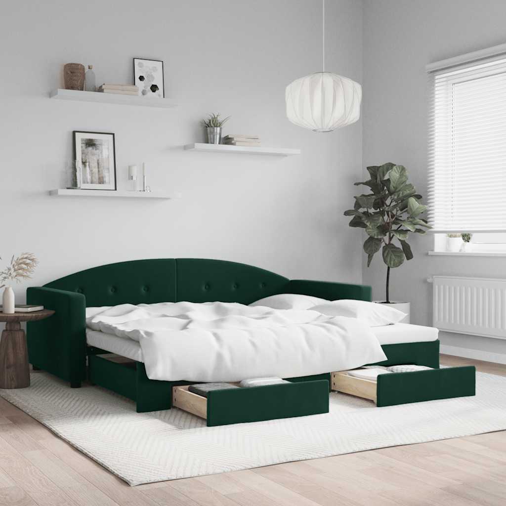 sötétzöld kihúzható bársony heverő fiókkal 90 x 200 cm