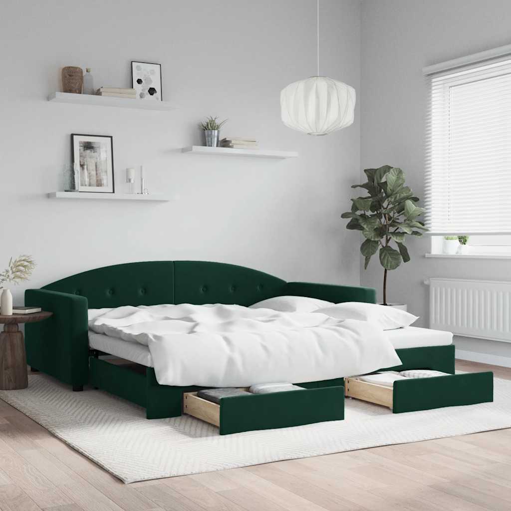 sötétzöld kihúzható bársony heverő fiókkal 100 x 200 cm