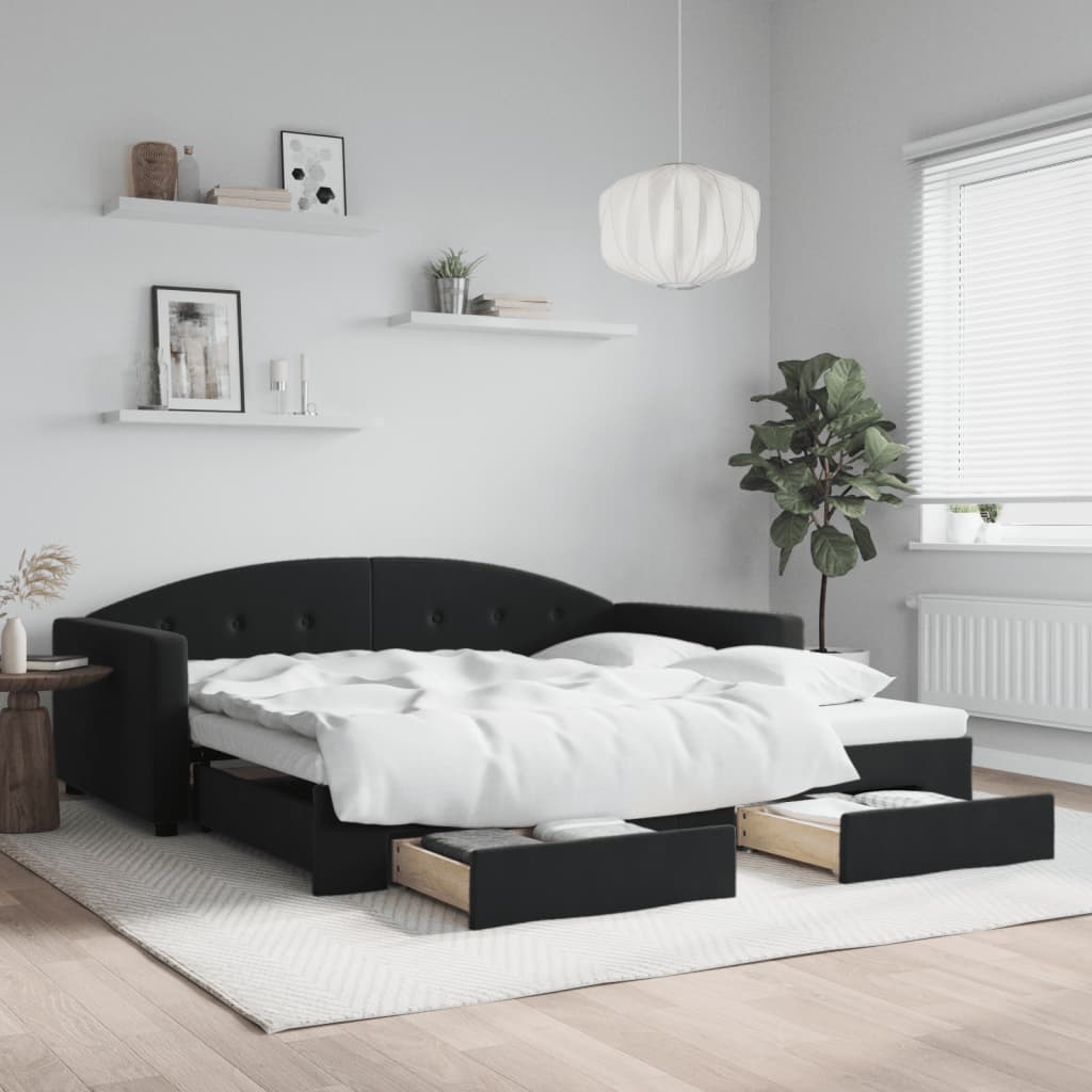 fekete kihúzható bársony heverő fiókkal 100 x 200 cm