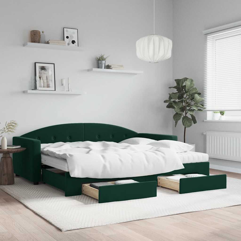 sötétzöld kihúzható bársony heverő fiókkal 90 x 200 cm