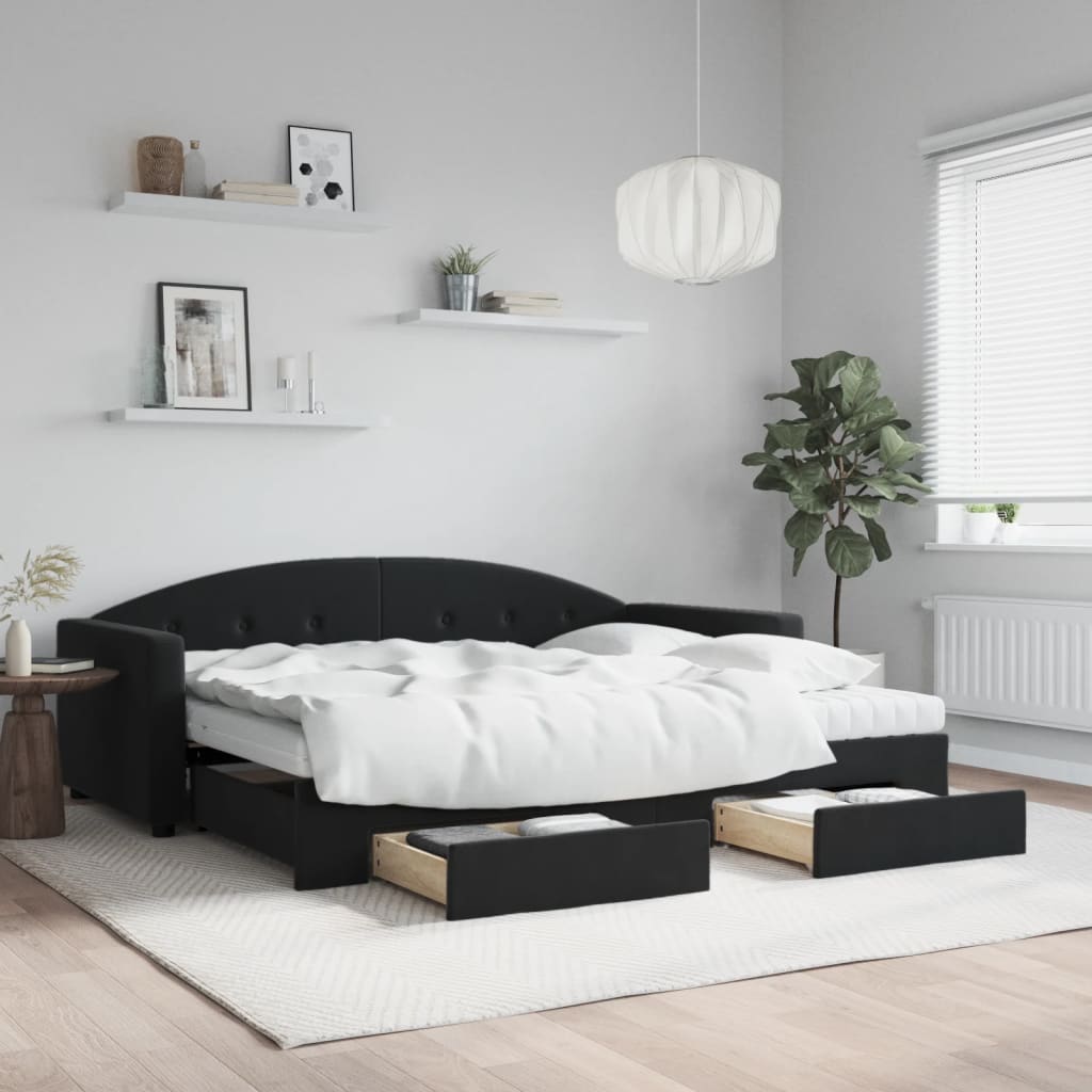 fekete kihúzható bársony heverő fiókkal 90 x 200 cm