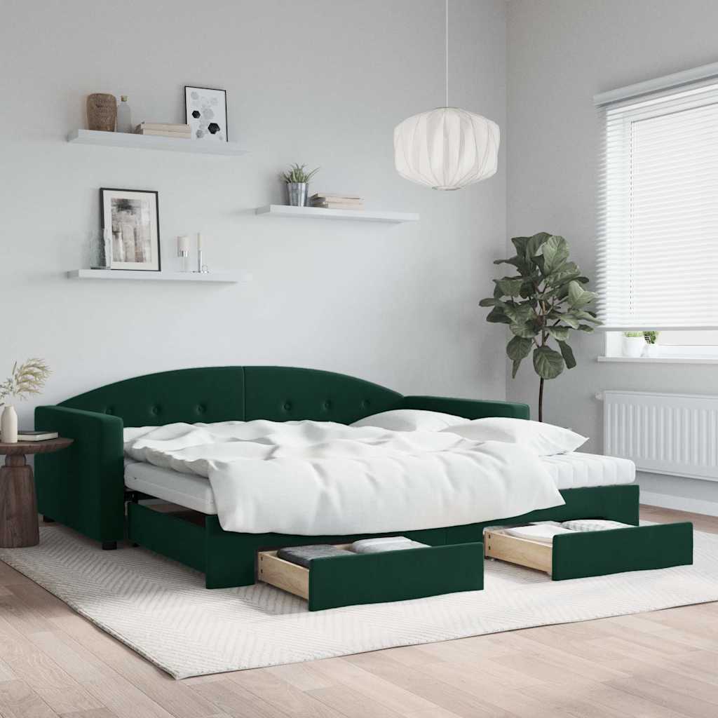 sötétzöld kihúzható bársony heverő fiókkal 100 x 200 cm