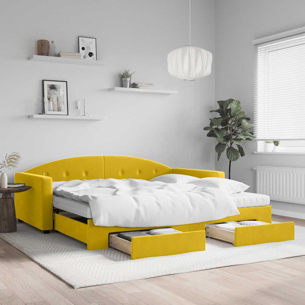 sárga kihúzható bársony heverő fiókkal 100 x 200 cm