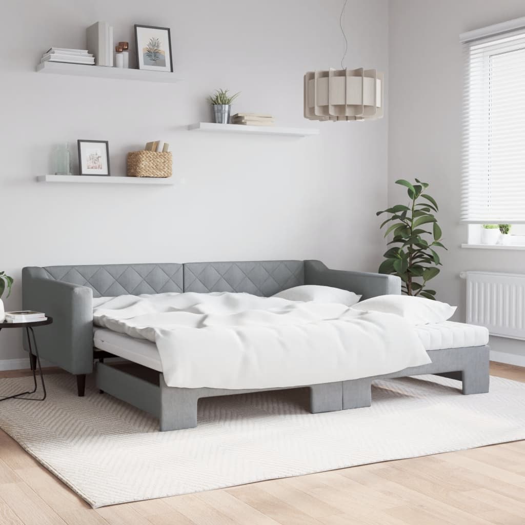 világosszürke kihúzható szövet heverő matracokkal 100 x 200 cm