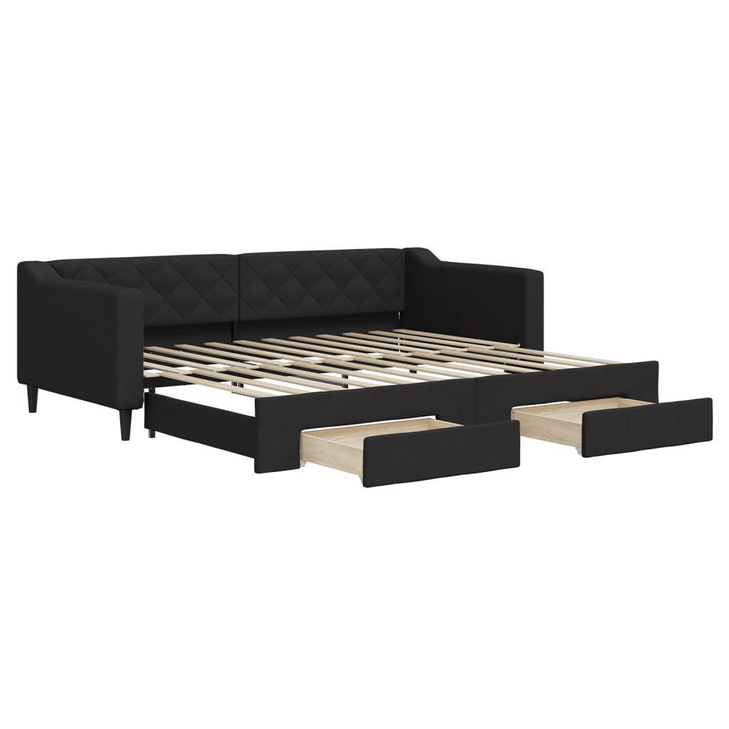 fekete kihúzható szövet heverő fiókokkal 90 x 200 cm
