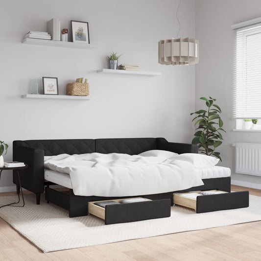 fekete kihúzható szövet heverő fiókokkal 80 x 200 cm