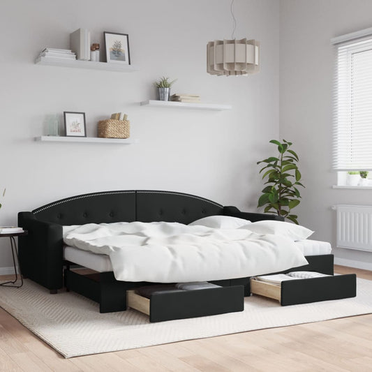 fekete kihúzható szövet heverő fiókokkal 80 x 200 cm